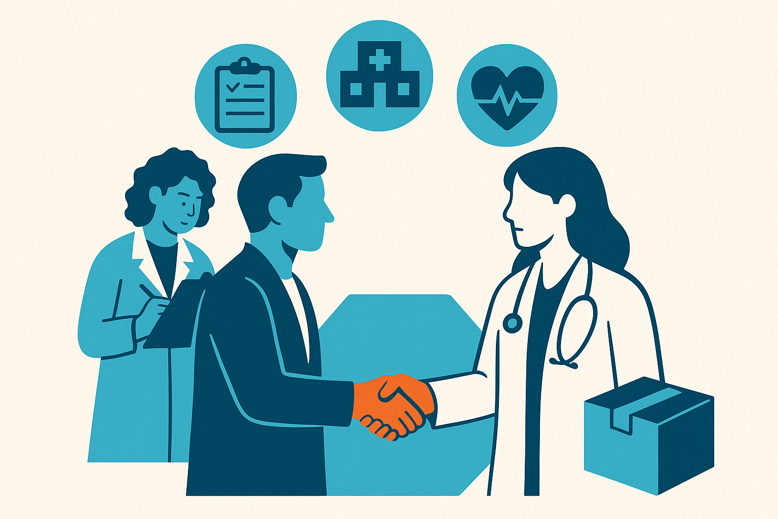 Flat-style illustration of healthcare professionals shaking hands, symbolizing supplier partnership and strategic engagement in healthcare value analysis.